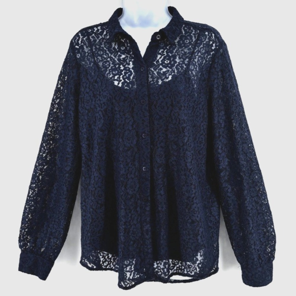 JM Collection Navy Lace Button Front Blouse Womens Sz M Lined Romantic Layering
